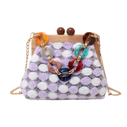 Solid Wood Clip Shoulder Bag Women Plush Color Matching Messenger Bag