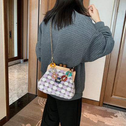 Solid Wood Clip Shoulder Bag Women Plush Color Matching Messenger Bag