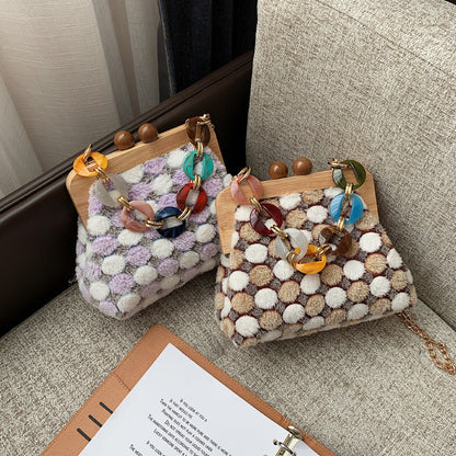 Solid Wood Clip Shoulder Bag Women Plush Color Matching Messenger Bag