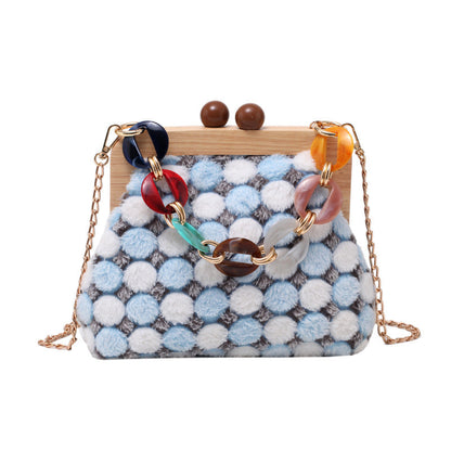 Solid Wood Clip Shoulder Bag Women Plush Color Matching Messenger Bag