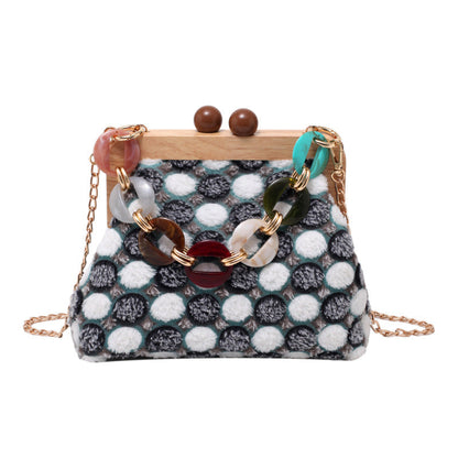 Solid Wood Clip Shoulder Bag Women Plush Color Matching Messenger Bag
