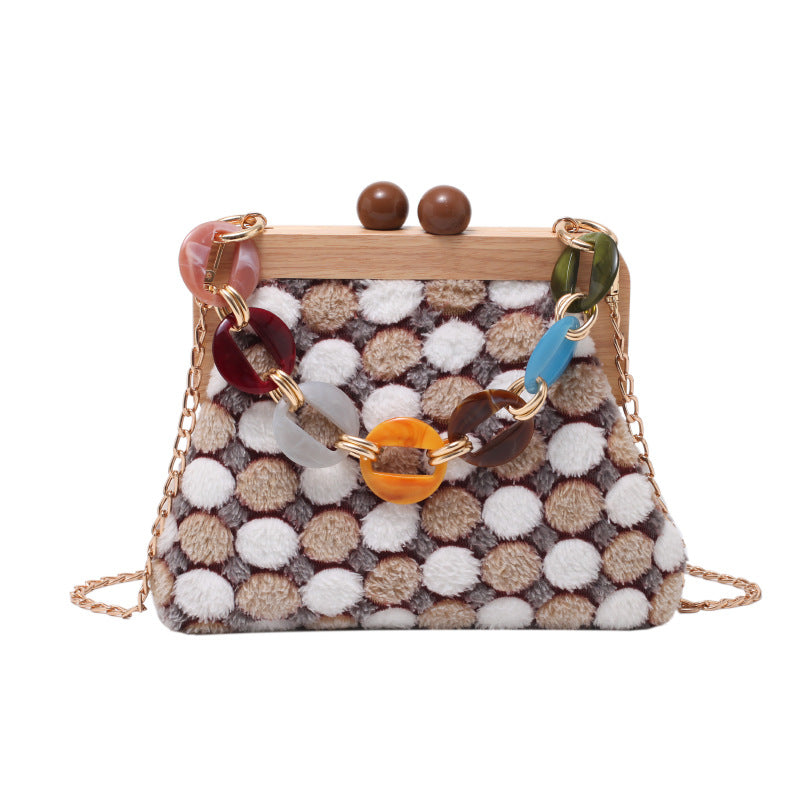 Solid Wood Clip Shoulder Bag Women Plush Color Matching Messenger Bag