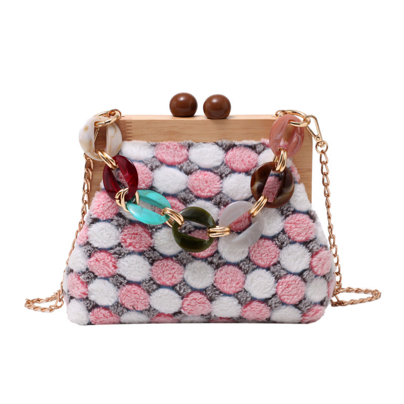 Solid Wood Clip Shoulder Bag Women Plush Color Matching Messenger Bag