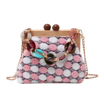 Solid Wood Clip Shoulder Bag Women Plush Color Matching Messenger Bag
