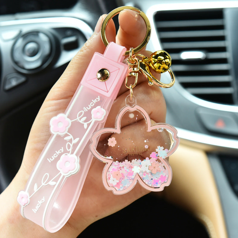 Cartoon Quicksand Cherry Blossom Keychain Acrylic Transparent Flower Oil Drift Bottle Bag Pedants Hangings
