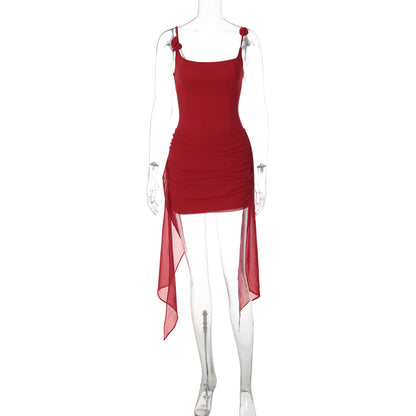 Strap-and-flower Wrap Dress With A Figure-hugging Fit And Flowing Ribbons