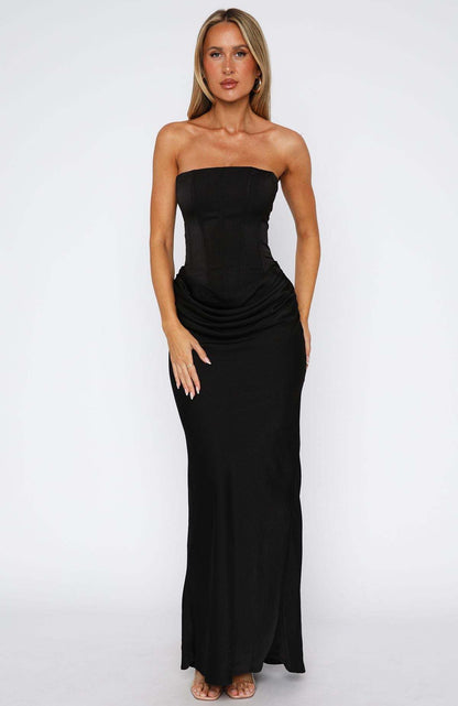 Wrapped Chest Lace-up Fishbone Slim Sheath Satin Long Dress