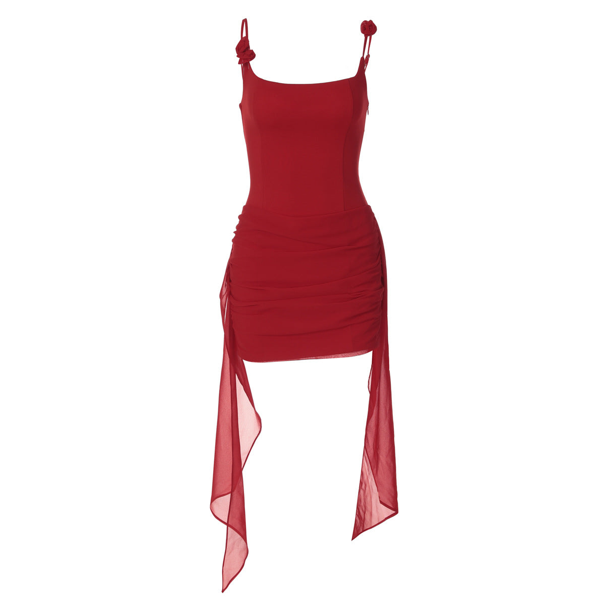 Strap-and-flower Wrap Dress With A Figure-hugging Fit And Flowing Ribbons