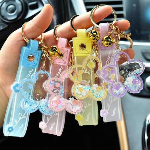 Cartoon Quicksand Cherry Blossom Keychain Acrylic Transparent Flower Oil Drift Bottle Bag Pedants Hangings