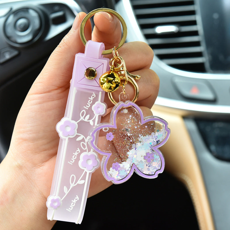 Cartoon Quicksand Cherry Blossom Keychain Acrylic Transparent Flower Oil Drift Bottle Bag Pedants Hangings