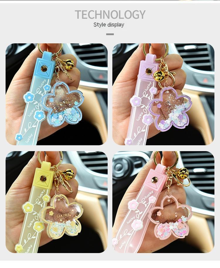 Cartoon Quicksand Cherry Blossom Keychain Acrylic Transparent Flower Oil Drift Bottle Bag Pedants Hangings