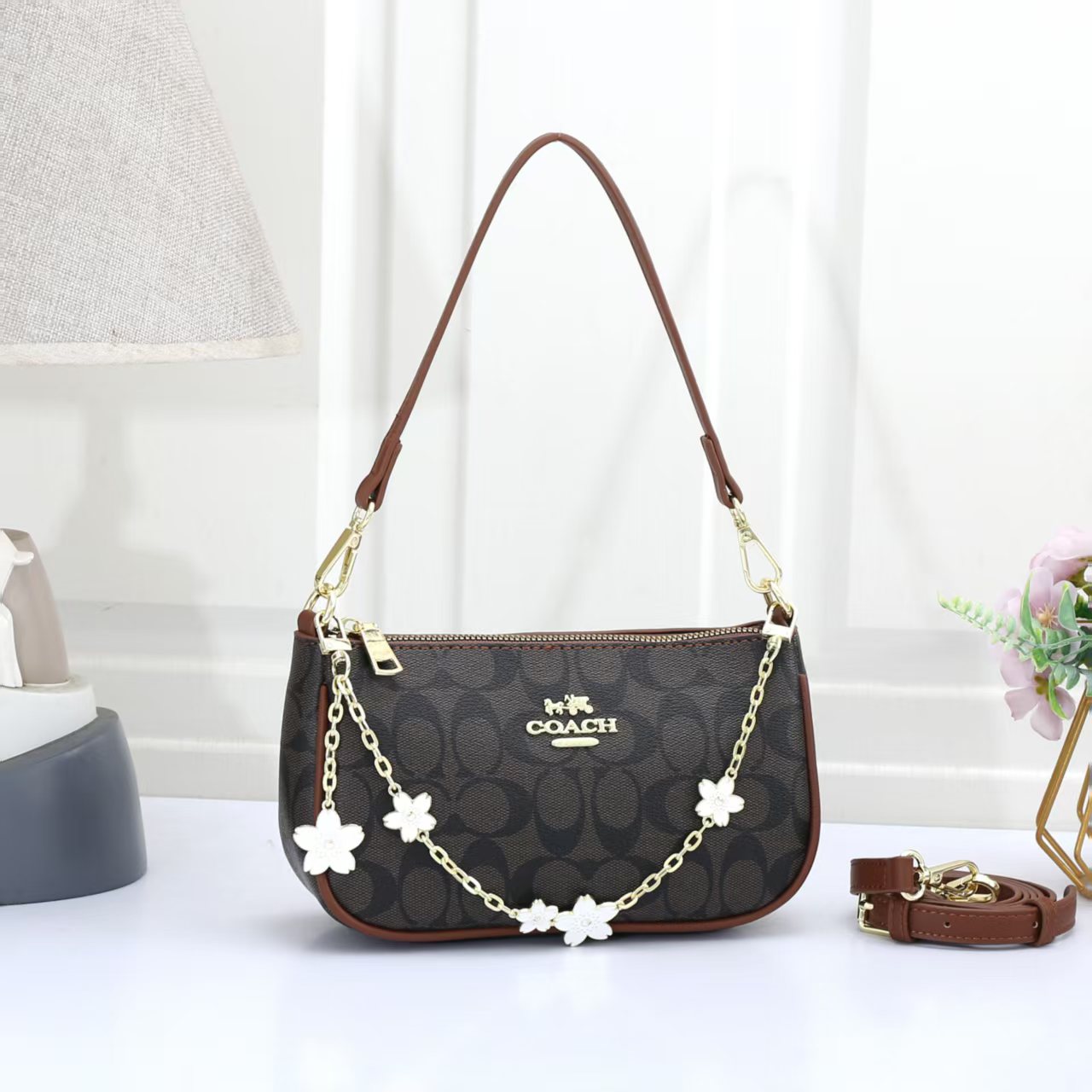 Mini Shoulder Bag with Floral Chain Charm