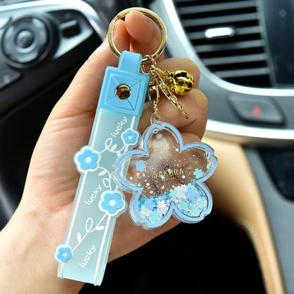Cartoon Quicksand Cherry Blossom Keychain Acrylic Transparent Flower Oil Drift Bottle Bag Pedants Hangings