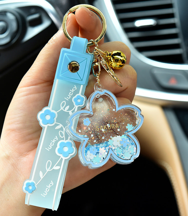 Cartoon Quicksand Cherry Blossom Keychain Acrylic Transparent Flower Oil Drift Bottle Bag Pedants Hangings